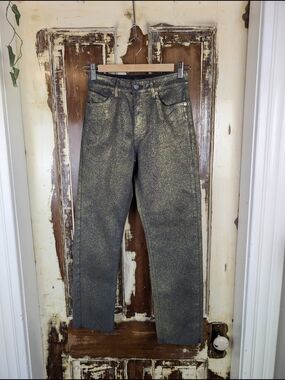 Own Gold Metallic Skinny Jeans Made in Turkey Raw Hem 25 Sparkle Party Denim